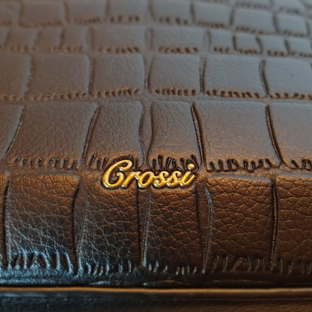 Crossi Black Gold Purse Handbag Crocodile Bag Zipper Tassle Pockets - Picture 2 of 13